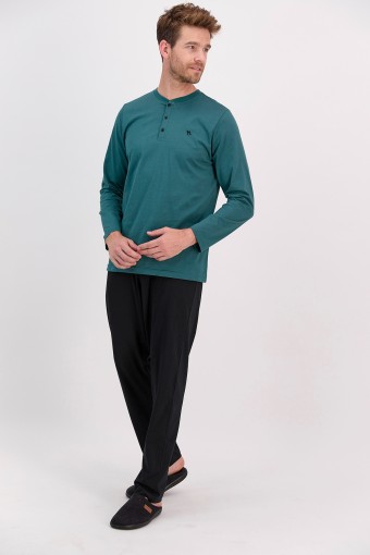 ARNETTA - Arnetta Erkek Pijama Takımı Uzun Kol Düğme Yakalı Pamuklu (Petrol Yeşili)