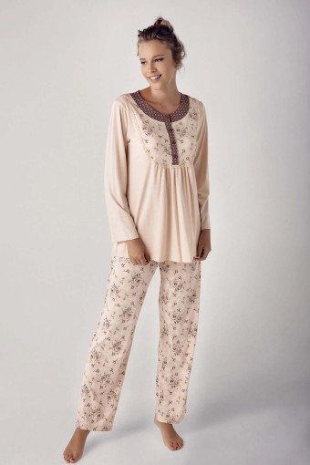 ARTIŞ - Artış Kadın Uzun Kollu Çiçek Desenli İşlemeli Modal Pijama Takımı (Bej)