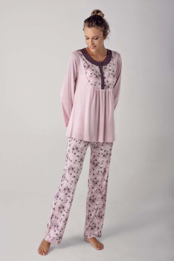 ARTIŞ - Artış Kadın Uzun Kollu Çiçek Desenli İşlemeli Modal Pijama Takımı (Pudra)