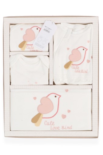 Bebitof Kız Bebek Kalpli Kuş Desenli Cute Love Bird Yazılı 10'lu Zıbın Set (Ekru) - Thumbnail