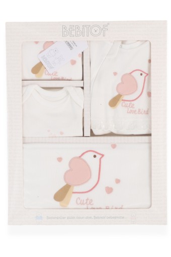 Bebitof Kız Bebek Kalpli Kuş Desenli Cute Love Bird Yazılı 10'lu Zıbın Set (Ekru) - Thumbnail