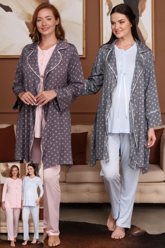BONE PİJAMA - Bone Kadın 3'lü Lohusa Pijama Takımı Uzun Kollu (Mavi)