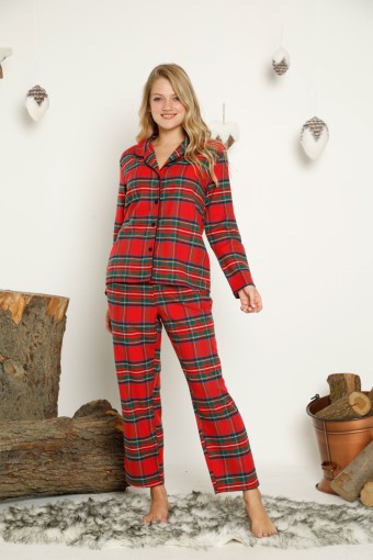 CONFEO - Confeo Kadın Flanel Önü Düğmeli Uzun Kollu Pijama Takımı (Asorti)