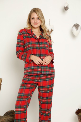 Confeo Kadın Flanel Önü Düğmeli Uzun Kollu Pijama Takımı (Asorti) - Thumbnail