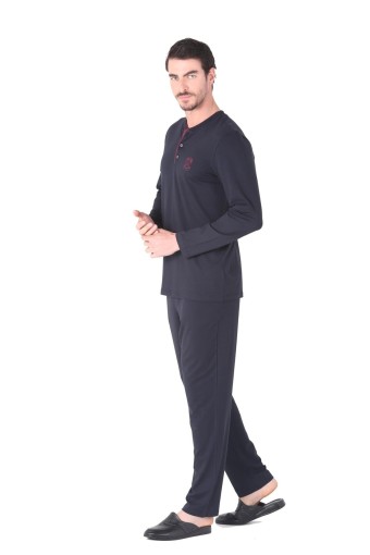 Ds Damat Erkek Pijama Takımı Yarım Patlı Uzun Kol Pamuk Modal (Lacivert) - Thumbnail