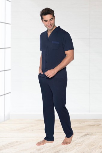 FAPİ - Fapi Erkek Boydan Düğmeli Düz Renk Büyük Beden Pijama Takımı Pamuklu (Lacivert)