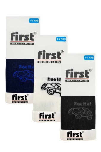 (6'lı Paket) First Erkek Çocuk Külotlu Çorap Yıkamalı Parfümlü Beetle Araba Desenli (Asorti) - Thumbnail