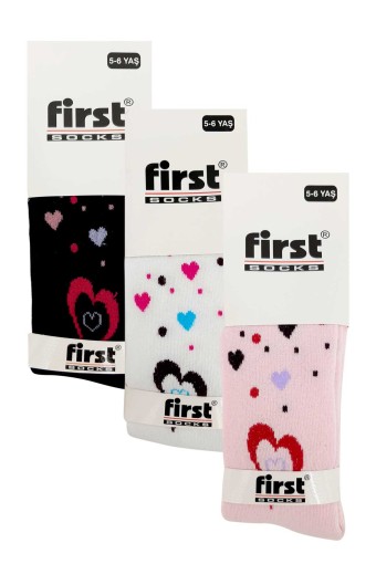 (6'lı Paket) First Kız Çocuk Külotlu Çorap Yıkamalı Parfümlü Kalp Desenli (Asorti) - Thumbnail