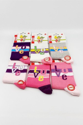 FIRST - (12'li Paket) First Kız Çocuk Soket Çorap Love (Asorti)