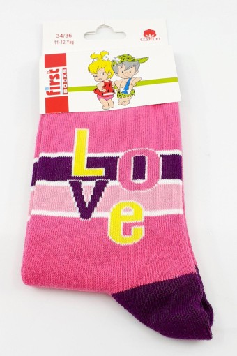 (12'li Paket) First Kız Çocuk Soket Çorap Love (Asorti) - Thumbnail