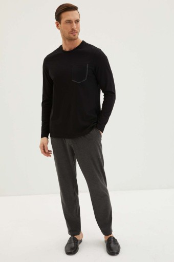 KİĞILI - Kiğılı Erkek Kontrast Yakalı Uzun Kollu Pijama Takımı (Siyah)