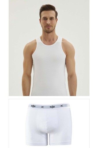 Kiğılı Erkek Trendy Pamuk 2'li Sporcu Atlet Boxer Set (Beyaz) - Thumbnail