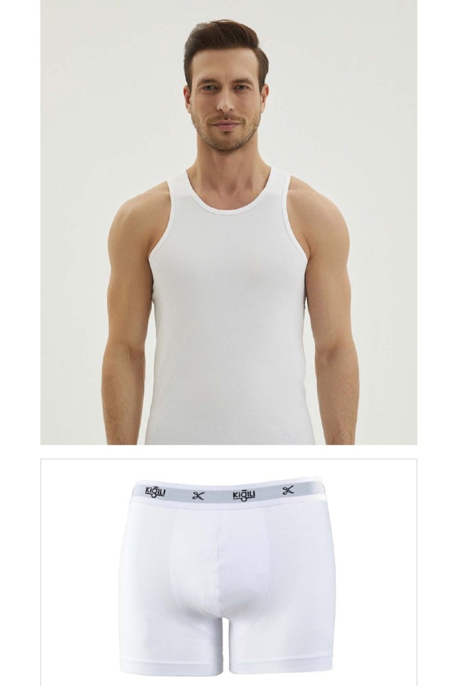 KİĞILI - Kiğılı Erkek Trendy Pamuk 2'li Sporcu Atlet Boxer Set (Beyaz)
