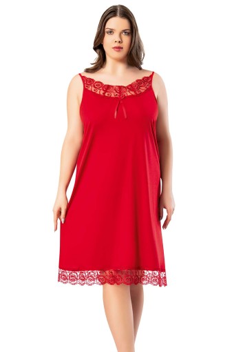 KOTA - Kota Kadın Gecelik Yakası Ve Elbisenin Altı Dantelli Büyük Beden (Kırmızı)