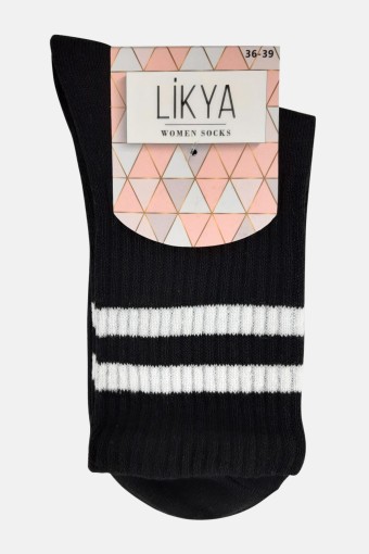 LİKYA - Likya Kadın Pamuklu Soket Tenis Çorabı - Çizgili (Siyah)
