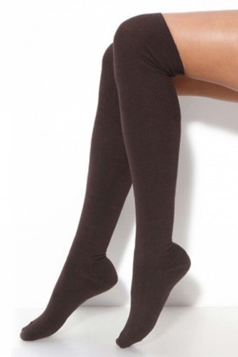 Likya Kadın Pamuklu Dizüstü Çorap - Düz (Kahverengi) - Thumbnail