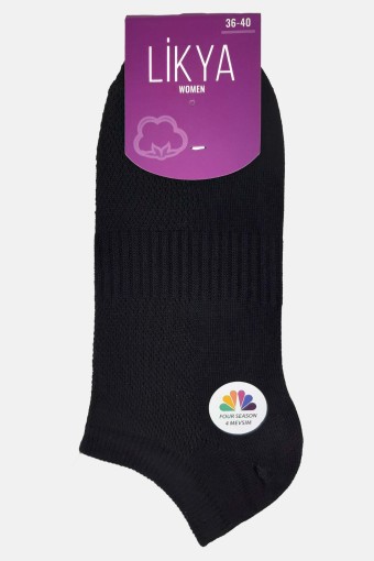 Likya Kadın Pamuklu Lastikli Patik Çorap - Düz (Siyah) - Thumbnail