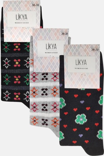 LİKYA - Likya Kadın Pamuklu Soket Çorap - Desenli (Asorti)