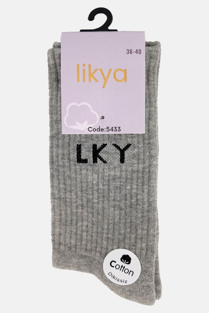 LİKYA - Likya Kadın Tabanaltı Havlu Pamuk Soket Tenis Çorabı - Yazılı (Gri)