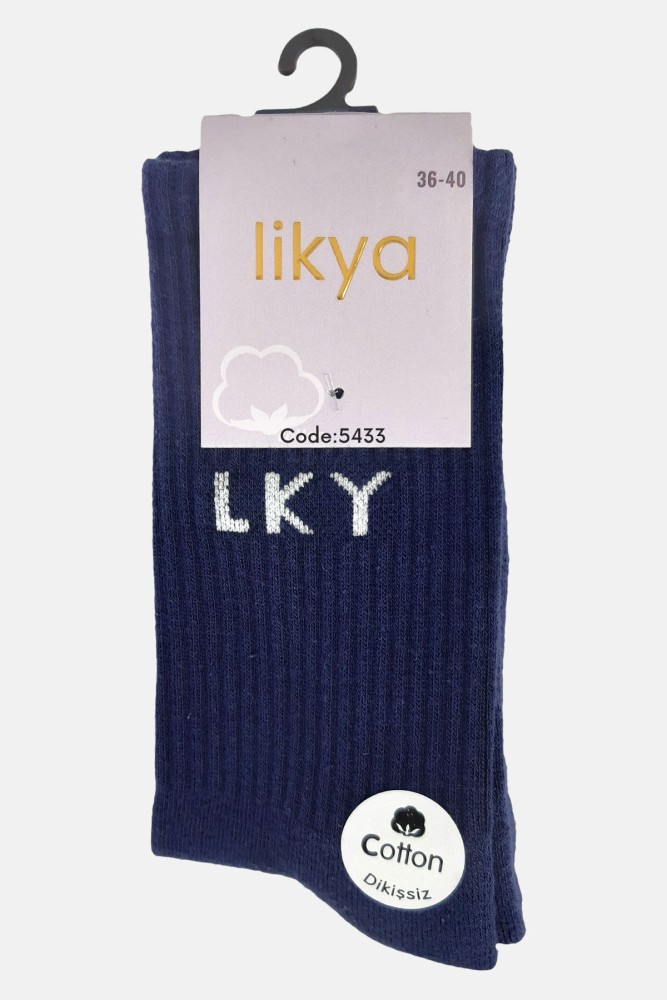 LİKYA - Likya Kadın Tabanaltı Havlu Pamuk Soket Tenis Çorabı - Yazılı (Lacivert)