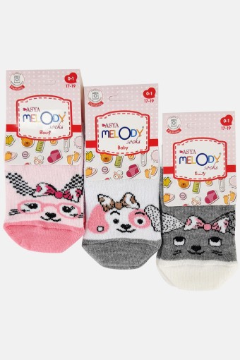 (12'li Paket) Melody Kız Bebek Pamuklu Soket Çorap Desenli Kaymaz Taban (Asorti) - Thumbnail