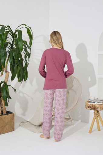 Mirano Kadın Uzun Kollu Desenli Pijama Takımı Poliviskon (Koyu Gül Kurusu) - Thumbnail