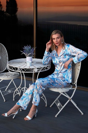 NURTEKS - Nurteks Kadın Gömlek Pijama Takımı Saten Çiçekli (Mavi)