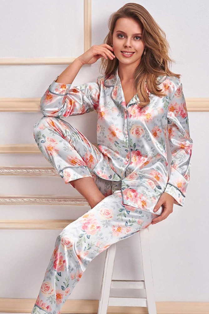 NURTEKS - Nurteks Kadın Gömlek Pijama Takımı Saten Çiçekli (Mint Yeşili)