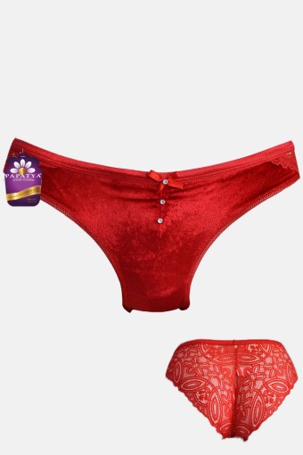PAPATYA - Papatya Kadın Bikini Külot Önü Kadife Dantel Detaylı (Kırmızı)