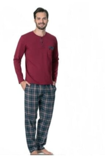 PİERRE CARDİN - Pierre Cardin Erkek Çeyizlik Pijama Takımı 3 Düğmeli Pamuklu (Bordo)