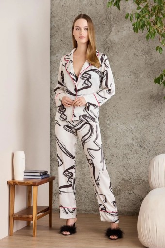 PİERRE CARDİN - Pierre Cardin Kadın Boydan Düğmeli Saten Pijama Takımı (Ekru)