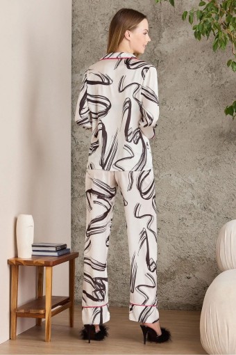 Pierre Cardin Kadın Boydan Düğmeli Saten Pijama Takımı (Ekru) - Thumbnail