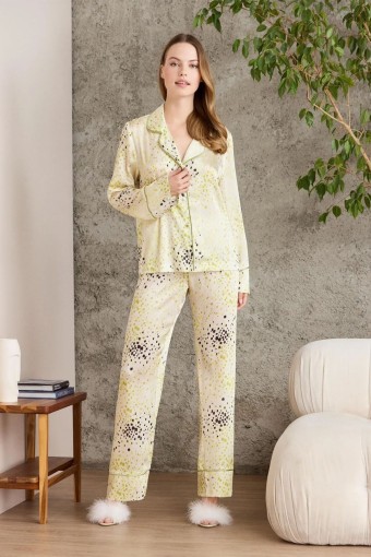PİERRE CARDİN - Pierre Cardin Kadın Boydan Düğmeli Saten Pijama Takımı (Lime)