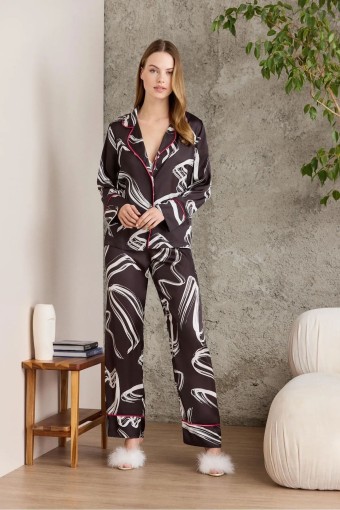 PİERRE CARDİN - Pierre Cardin Kadın Boydan Düğmeli Saten Pijama Takımı (Siyah)