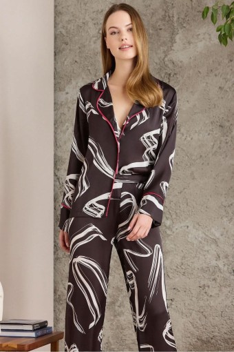 Pierre Cardin Kadın Boydan Düğmeli Saten Pijama Takımı (Siyah) - Thumbnail