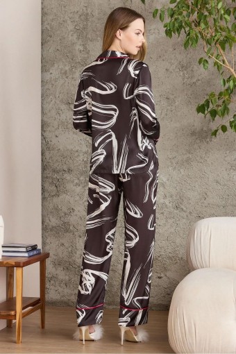 Pierre Cardin Kadın Boydan Düğmeli Saten Pijama Takımı (Siyah) - Thumbnail