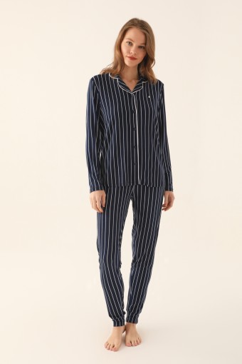 PİERRE CARDİN - Pierre Cardin Kadın Gömlek Yaka Uzun Kollu Pijama Takımı Süprem (Lacivert)