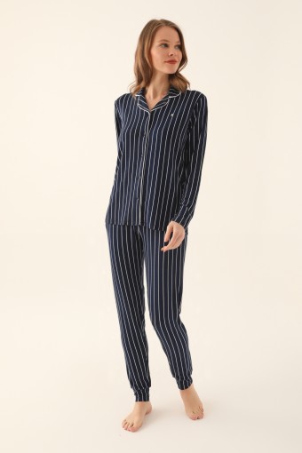 Pierre Cardin Kadın Gömlek Yaka Uzun Kollu Pijama Takımı Süprem (Lacivert) - Thumbnail