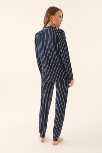 Pierre Cardin Kadın Gömlek Yaka Uzun Kollu Pijama Takımı Süprem (Lacivert) - Thumbnail