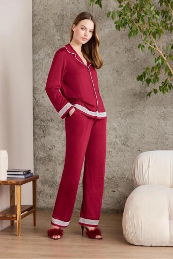 Pierre Cardin Kadın Penye Pijama Takımı (Bordo) - Thumbnail