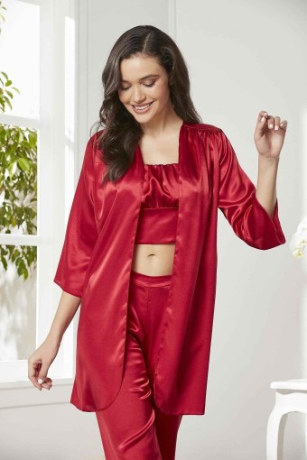 PİERRE CARDİN - Pierre Cardin Kadın Pijama Takımı 3'lü Saten (Kırmızı)