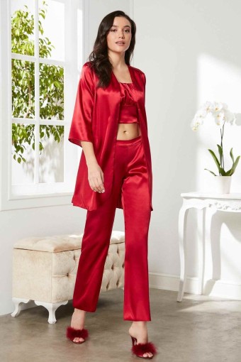 Pierre Cardin Kadın Pijama Takımı 3'lü Saten (Kırmızı) - Thumbnail