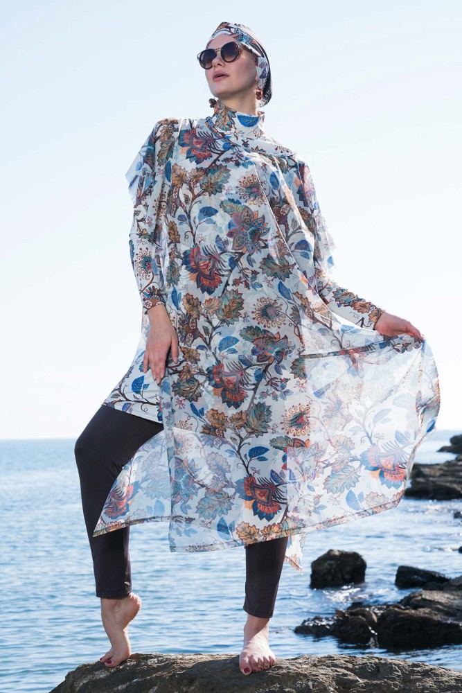 RUKO - Ruko Kadın Tesettür Plaj Elbisesi Desenli (Çok Renkli)