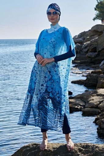RUKO - Ruko Kadın Tesettür Plaj Elbisesi Desenli (Mavi)