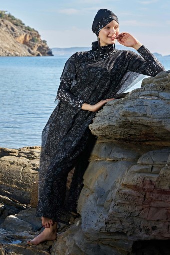 RUKO - Ruko Kadın Tesettür Plaj Elbisesi Desenli (Siyah)